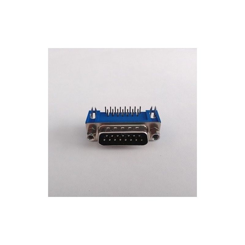 Conector subD azul 15 pinos masculino THT padrão 9.4mm com rosca angular de 90"