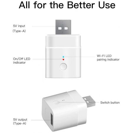 Smarthai SONOFF Micro Mini adaptador USB inteligente WiFi 5 V control a través de la aplicación control de voz interruptor inteligente para dispositivos USB tipo A compatible con Alexa/Google Home 